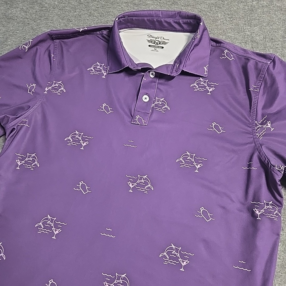 Straight Down Performance Polo Mens Med Purple Martini Dolphin Alcohol